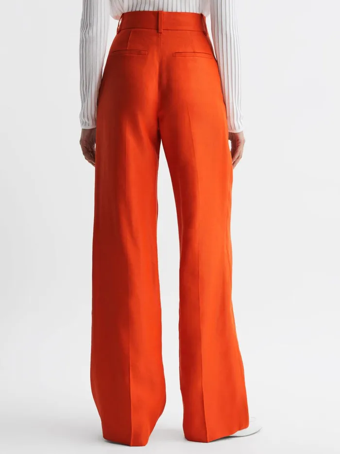 Women Hollie Wide Leg Linen Trousers Orange Reiss Trousers