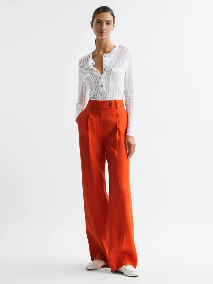 Women Hollie Wide Leg Linen Trousers Orange Reiss Trousers