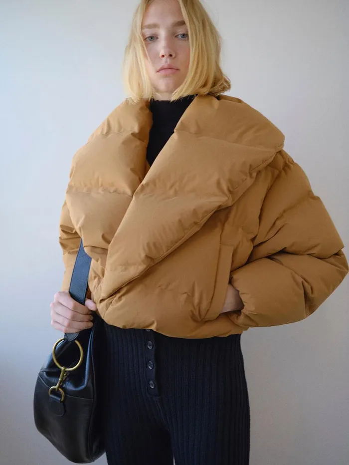 Women Jackets and Coats FRAME Cropped Shawl Puffer 8212 Camel