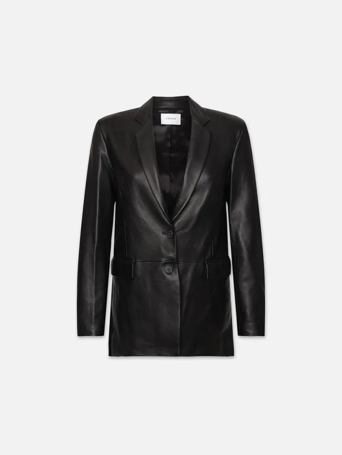 Women Jackets and Coats FRAME The Oversized Leather Blazer 8212 Noir
