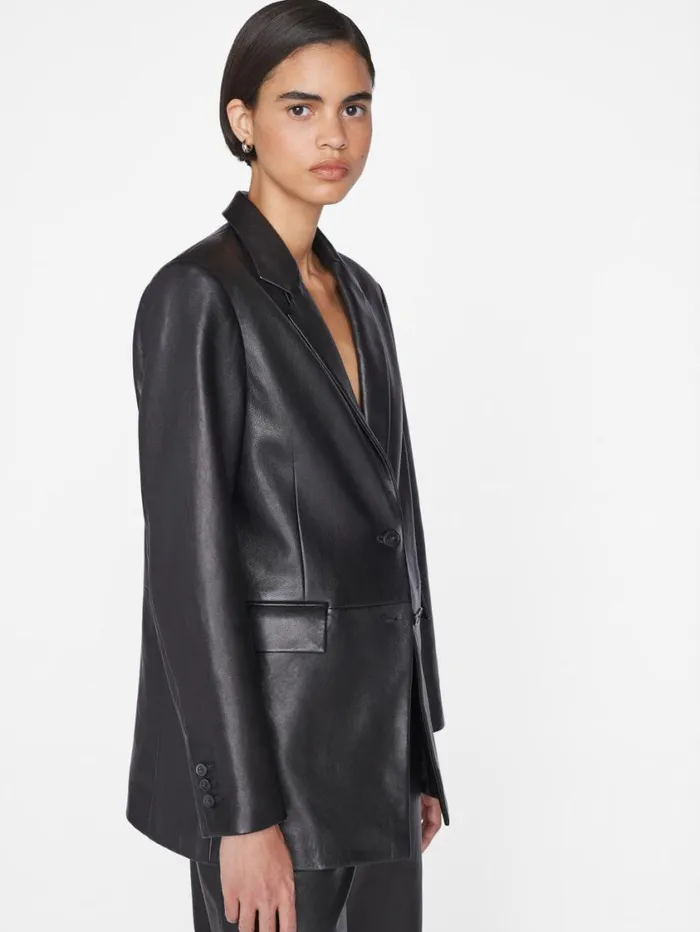 Women Jackets and Coats FRAME The Oversized Leather Blazer 8212 Noir