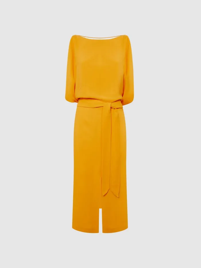 Women Kalea Split Sleeve Midi Dress Yellow Reiss Dresses