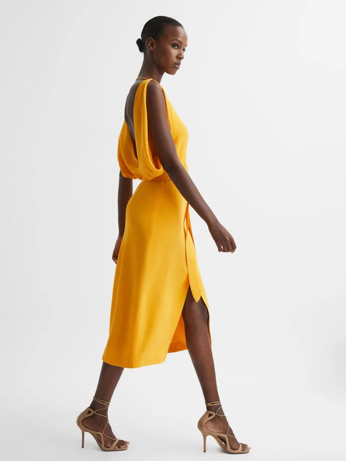 Women Kalea Split Sleeve Midi Dress Yellow Reiss Dresses