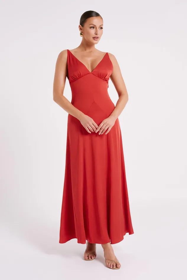 Women Kamala Low Back Satin Maxi Dress 8211 Red Red Meshki Maxi Dresses