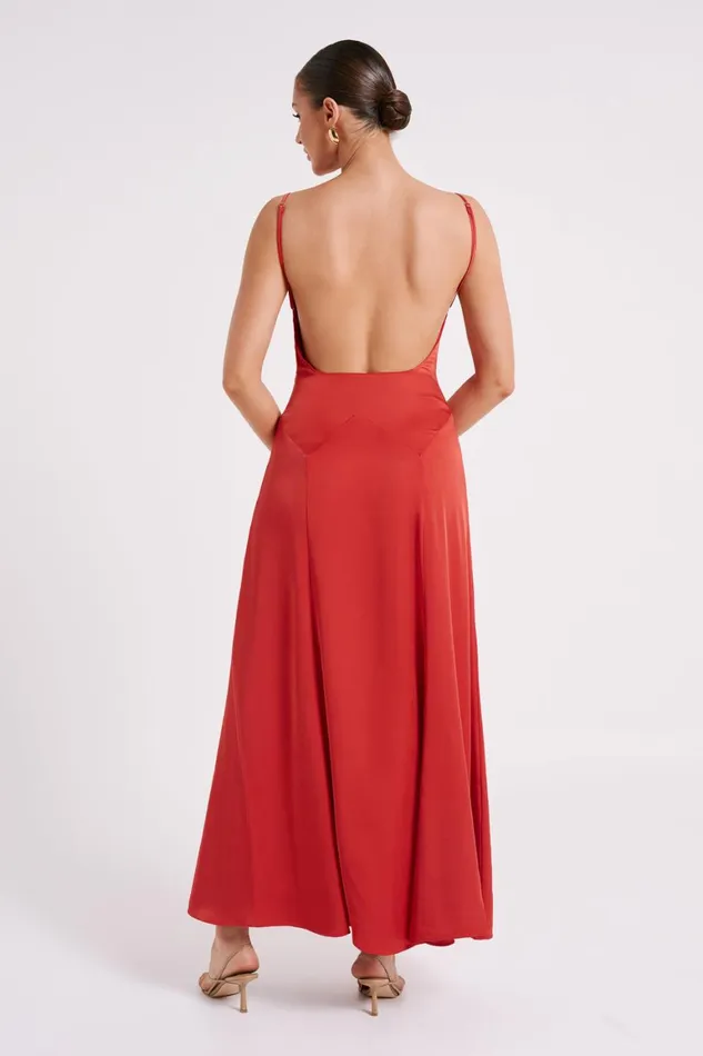 Women Kamala Low Back Satin Maxi Dress 8211 Red Red Meshki Maxi Dresses