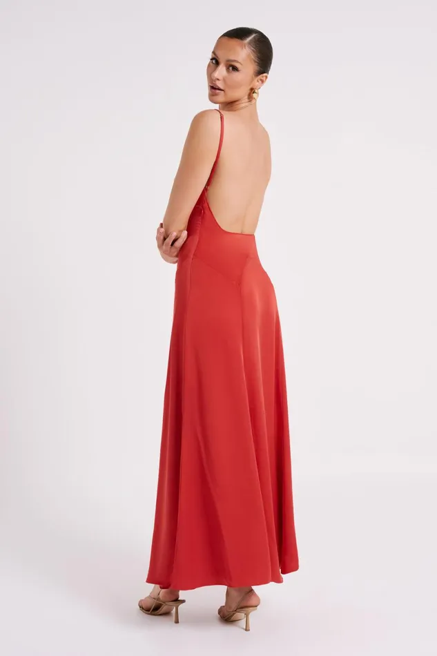 Women Kamala Low Back Satin Maxi Dress 8211 Red Red Meshki Maxi Dresses