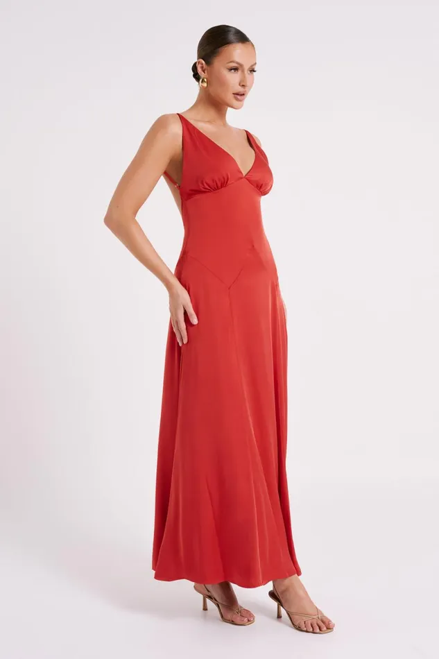 Women Kamala Low Back Satin Maxi Dress 8211 Red Red Meshki Maxi Dresses
