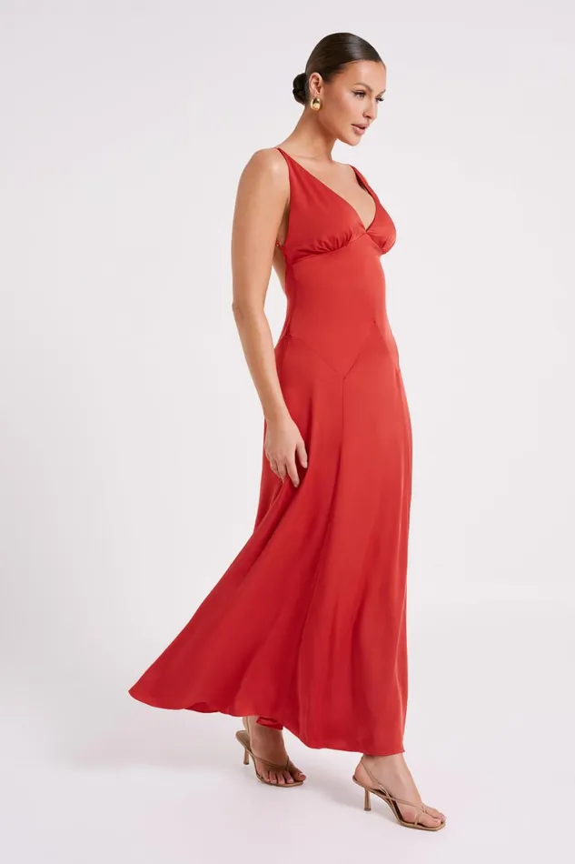 Women Kamala Low Back Satin Maxi Dress 8211 Red Red Meshki Maxi Dresses