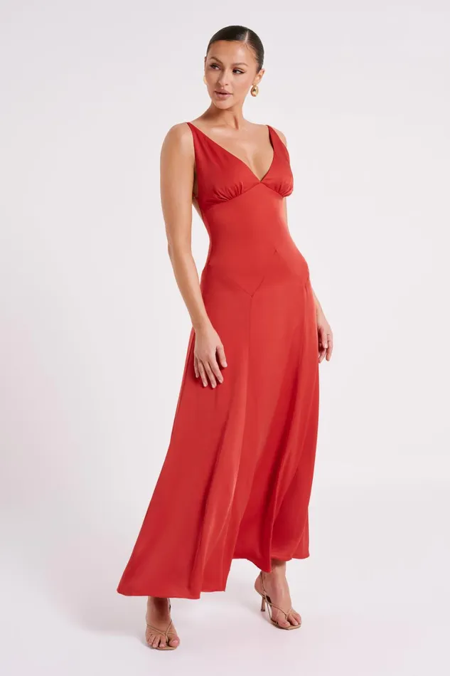 Women Kamala Low Back Satin Maxi Dress 8211 Red Red Meshki Maxi Dresses
