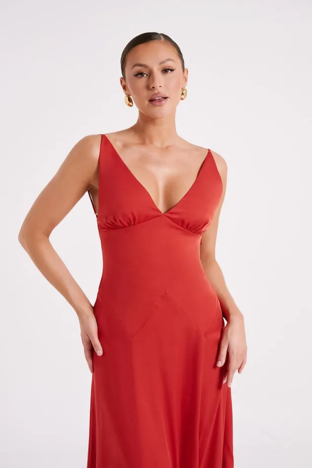 Women Kamala Low Back Satin Maxi Dress 8211 Red Red Meshki Maxi Dresses