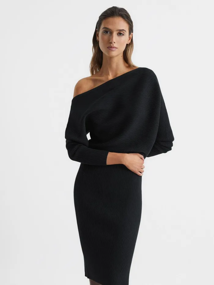 Women Lara OffShoulder Ribbed Dress Black Reiss Dresses