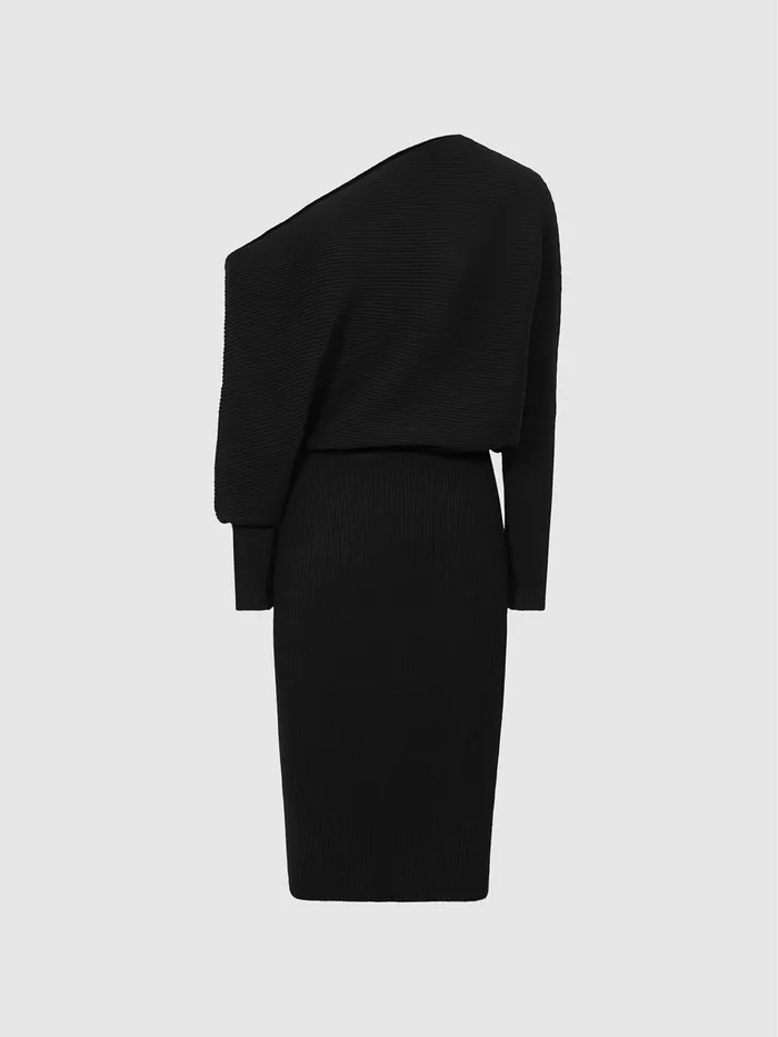 Women Lara OffShoulder Ribbed Dress Black Reiss Dresses