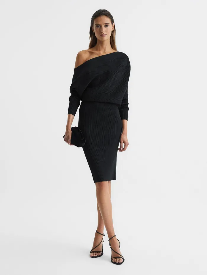 Women Lara OffShoulder Ribbed Dress Black Reiss Dresses
