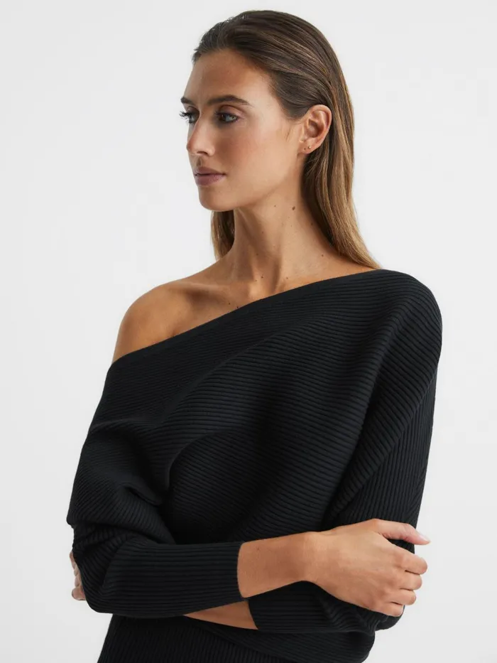 Women Lara OffShoulder Ribbed Dress Black Reiss Dresses
