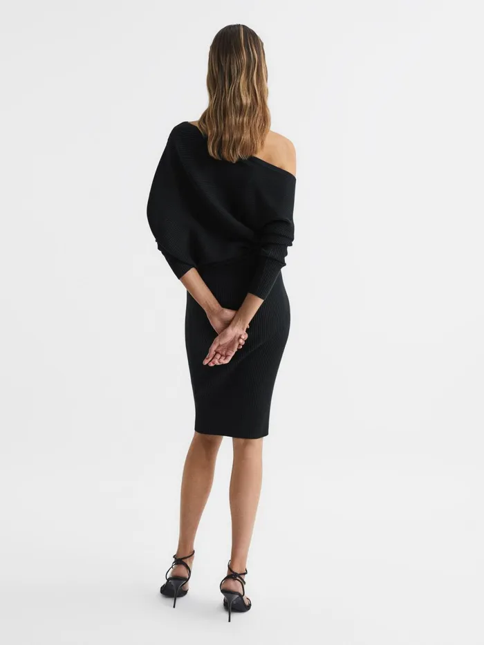 Women Lara OffShoulder Ribbed Dress Black Reiss Dresses