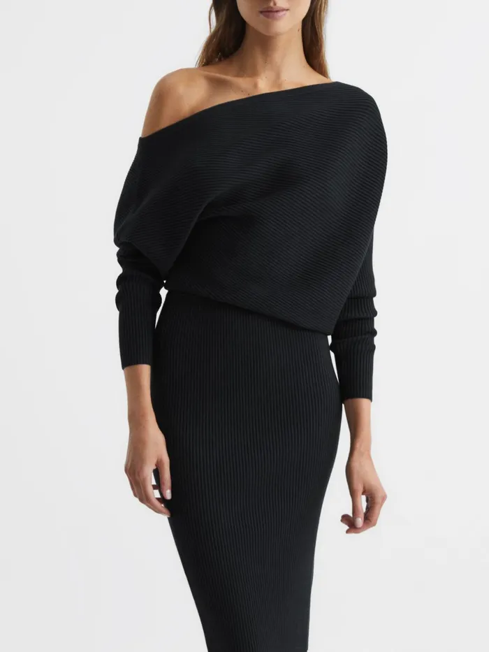 Women Lara OffShoulder Ribbed Dress Black Reiss Dresses