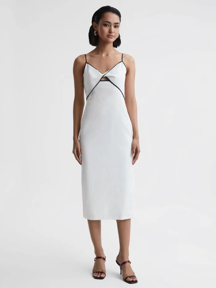 Women Leona Strappy CottonLinen Midi Dress White Reiss Dresses