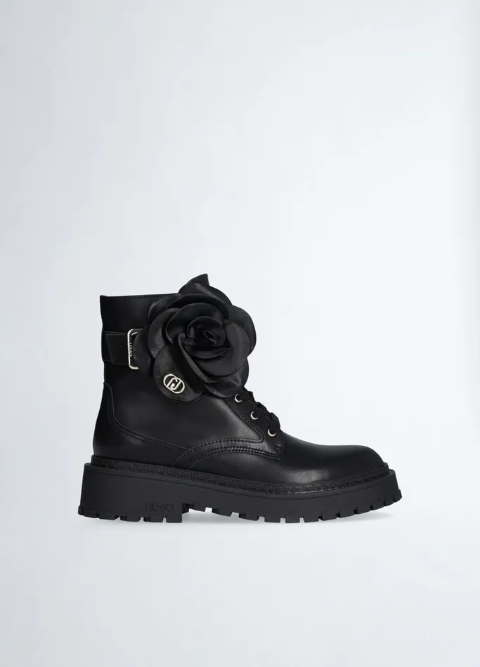 Women Liujo Boots and Ankle Boots Leather Combat Boots With Flower Detail Black Women Liujo Boots and Ankle Boots Leather Combat Boots With Flower Detail Black