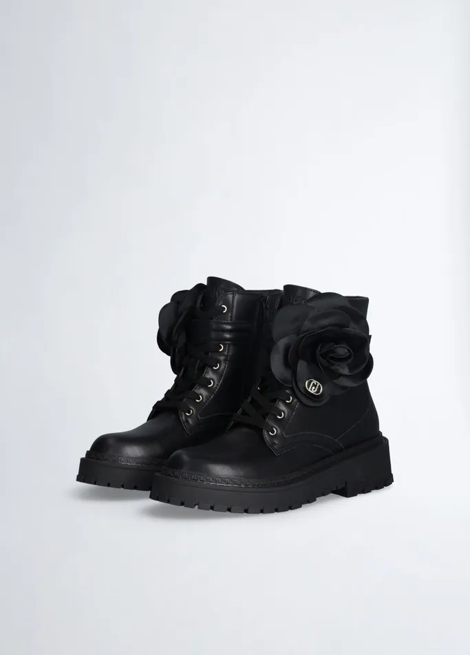 Women Liujo Boots and Ankle Boots Leather Combat Boots With Flower Detail Black Women Liujo Boots and Ankle Boots Leather Combat Boots With Flower Detail Black