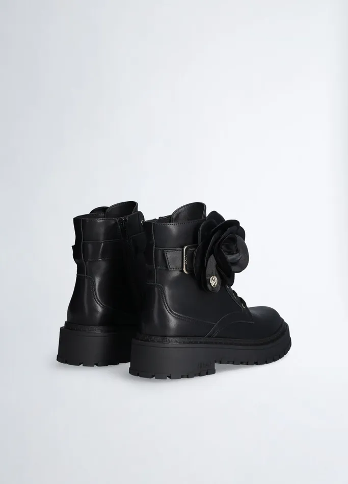 Women Liujo Boots and Ankle Boots Leather Combat Boots With Flower Detail Black Women Liujo Boots and Ankle Boots Leather Combat Boots With Flower Detail Black