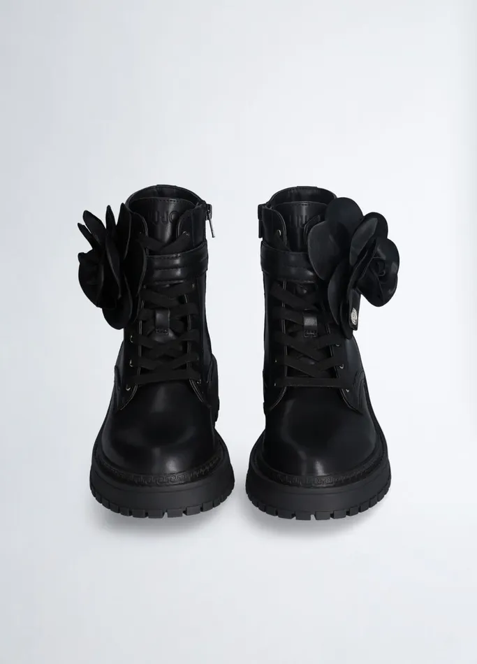 Women Liujo Boots and Ankle Boots Leather Combat Boots With Flower Detail Black Women Liujo Boots and Ankle Boots Leather Combat Boots With Flower Detail Black