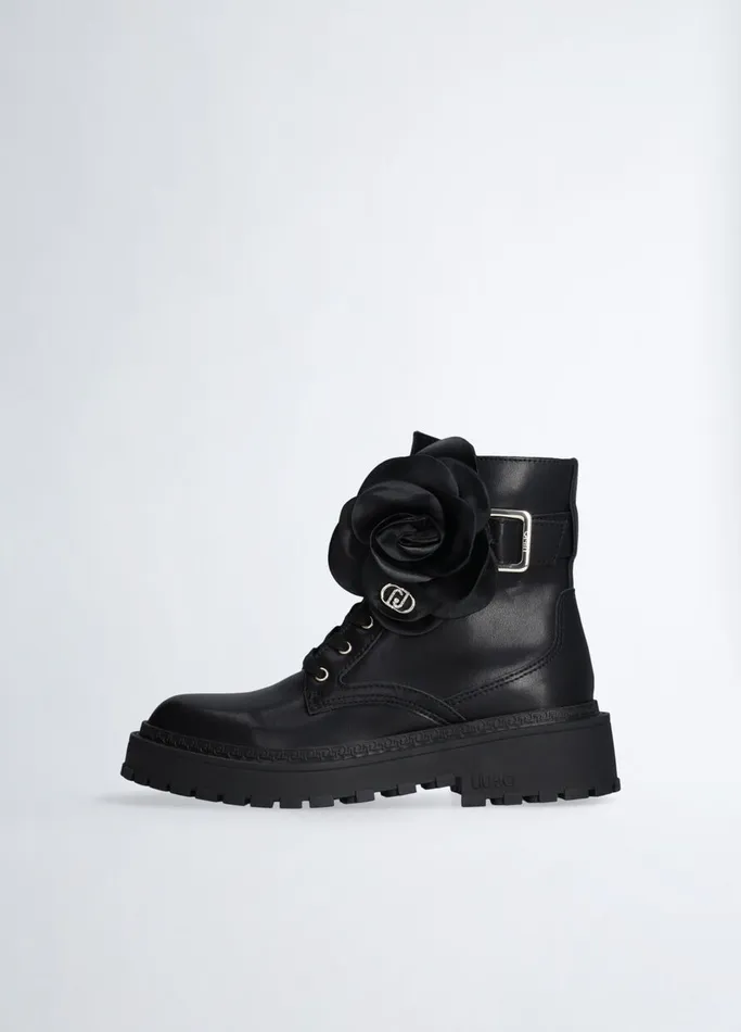 Women Liujo Boots and Ankle Boots Leather Combat Boots With Flower Detail Black Women Liujo Boots and Ankle Boots Leather Combat Boots With Flower Detail Black