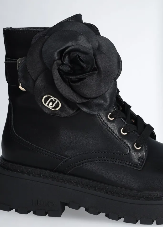 Women Liujo Boots and Ankle Boots Leather Combat Boots With Flower Detail Black Women Liujo Boots and Ankle Boots Leather Combat Boots With Flower Detail Black