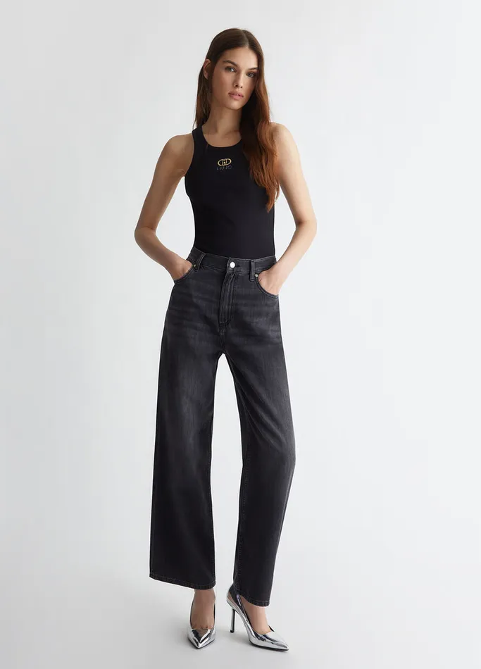Women Liujo Flare Jeans Flared Cotton Jeans Black Denim