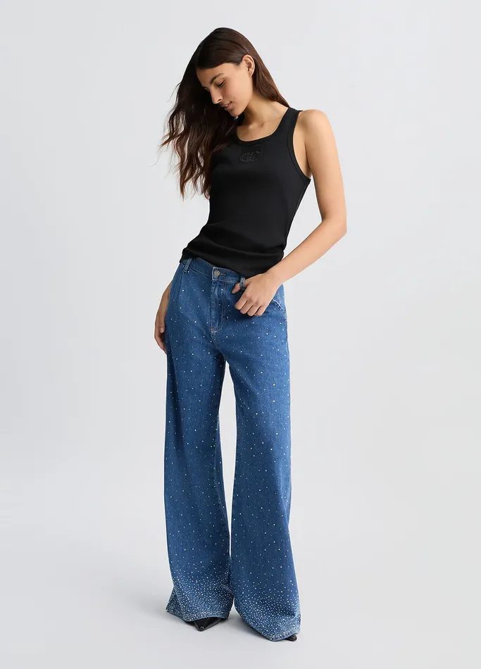 Women Liujo Flare Jeans Flared Jeans With Rhinestones Dark Denim
