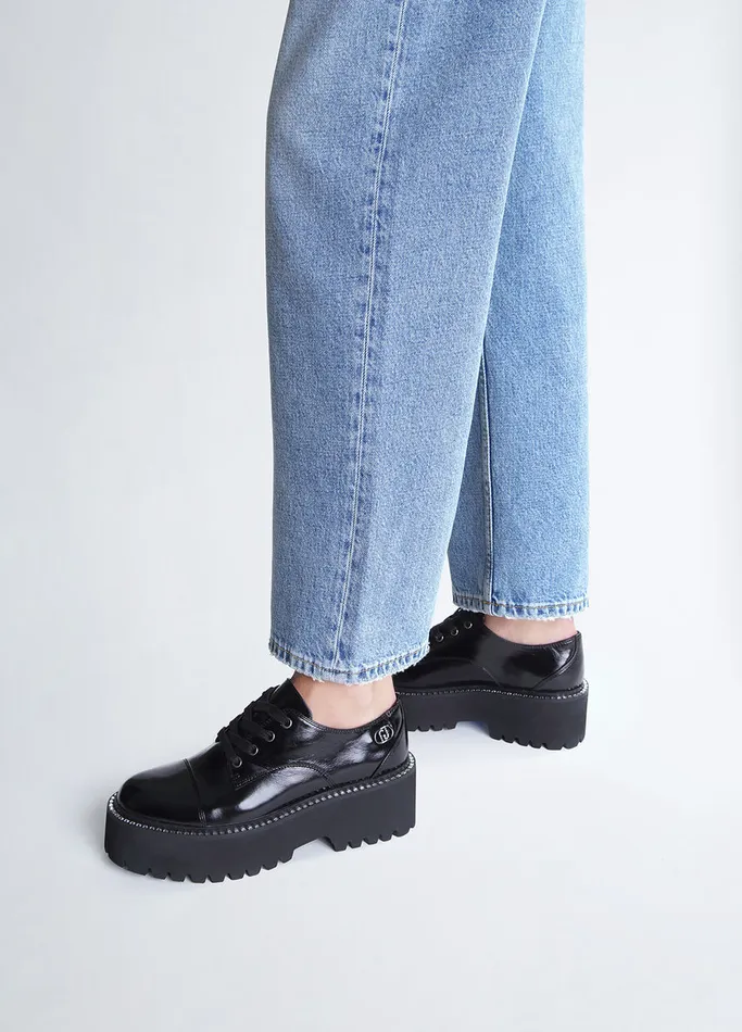 Women Liujo Flat Shoes Black Patent Leather Platform Shoes
