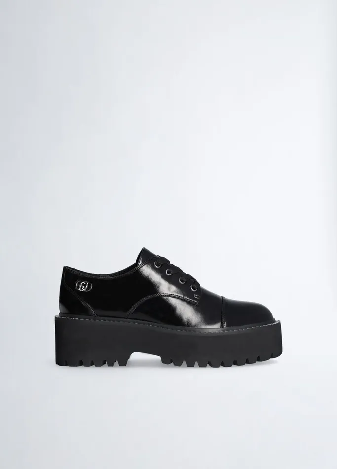 Women Liujo Flat Shoes Black Patent Leather Platform Shoes