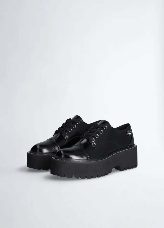 Women Liujo Flat Shoes Black Patent Leather Platform Shoes