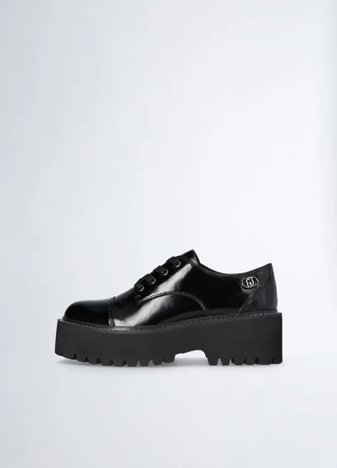 Women Liujo Flat Shoes Black Patent Leather Platform Shoes