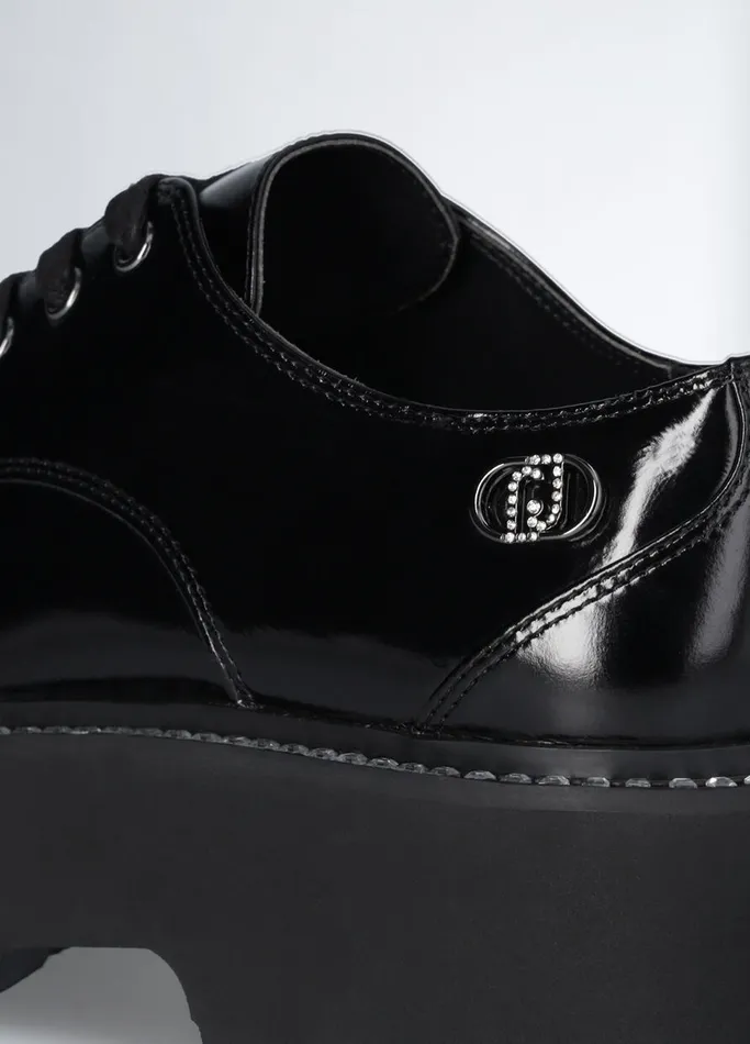 Women Liujo Flat Shoes Black Patent Leather Platform Shoes