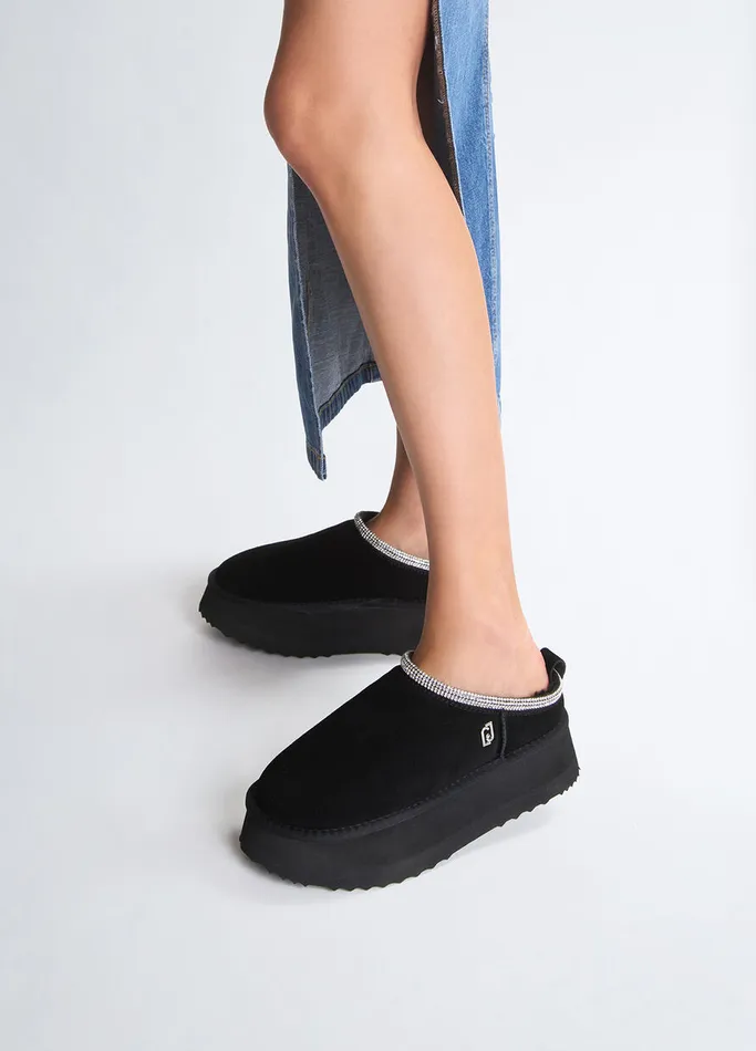 Women Liujo Flat Shoes Black Suede Platform Mules