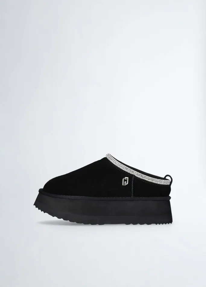 Women Liujo Flat Shoes Black Suede Platform Mules