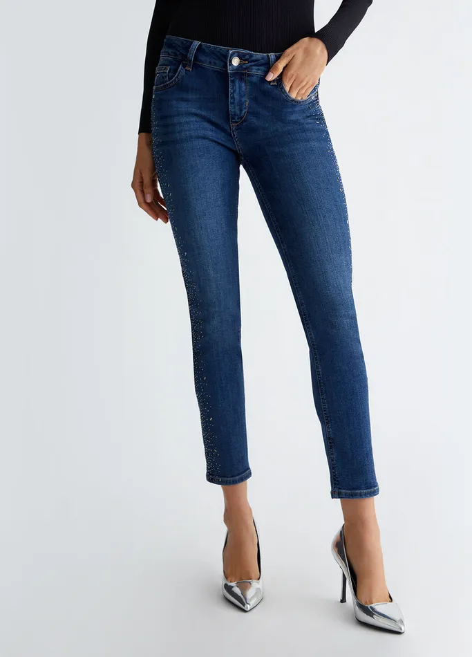 Women Liujo Jeans Bottom Up Skinny Jeans With Gemstones Dark Blue Denim