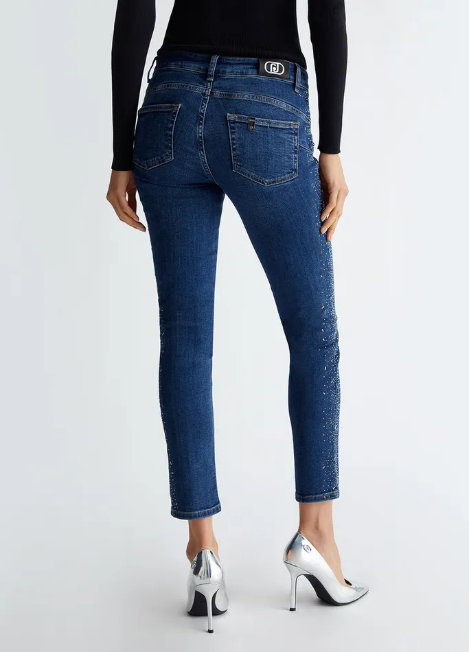 Women Liujo Jeans Bottom Up Skinny Jeans With Gemstones Dark Blue Denim