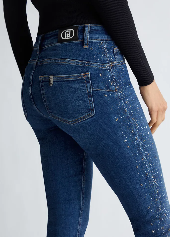 Women Liujo Jeans Bottom Up Skinny Jeans With Gemstones Dark Blue Denim