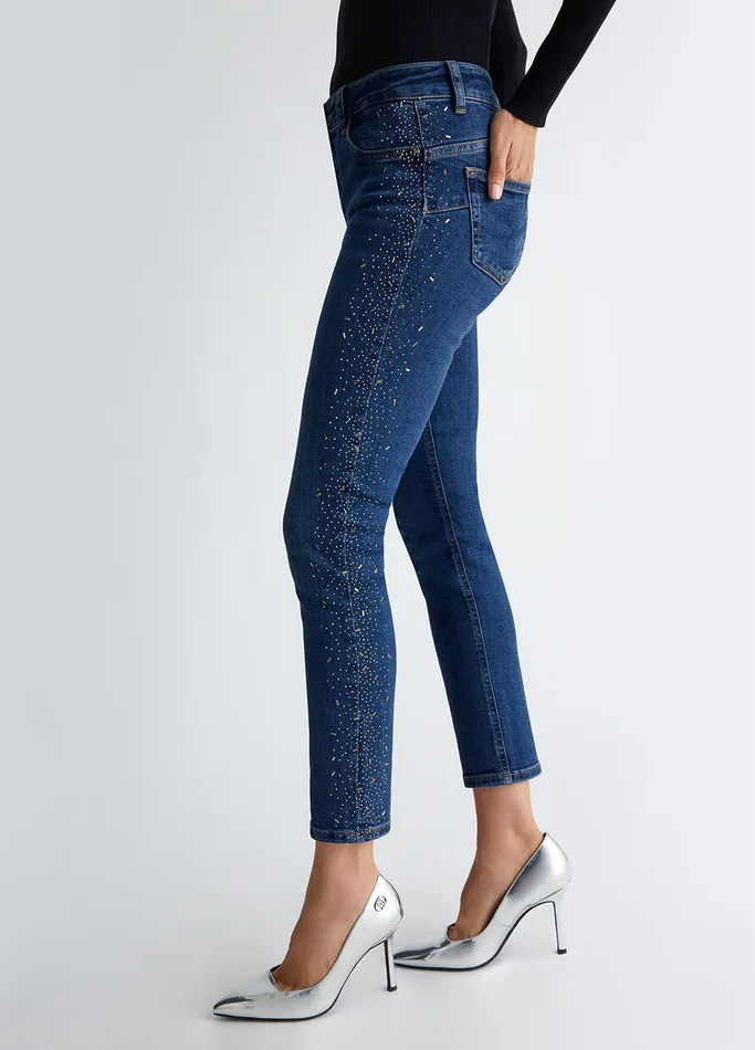 Women Liujo Jeans Bottom Up Skinny Jeans With Gemstones Dark Blue Denim