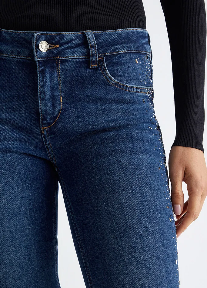 Women Liujo Jeans Bottom Up Skinny Jeans With Gemstones Dark Blue Denim