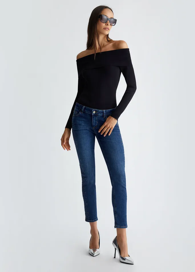 Women Liujo Jeans Bottom Up Skinny Jeans With Gemstones Dark Blue Denim
