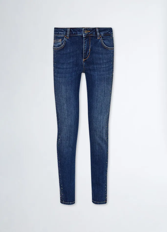 Women Liujo Jeans Bottom Up Skinny Jeans With Gemstones Dark Blue Denim