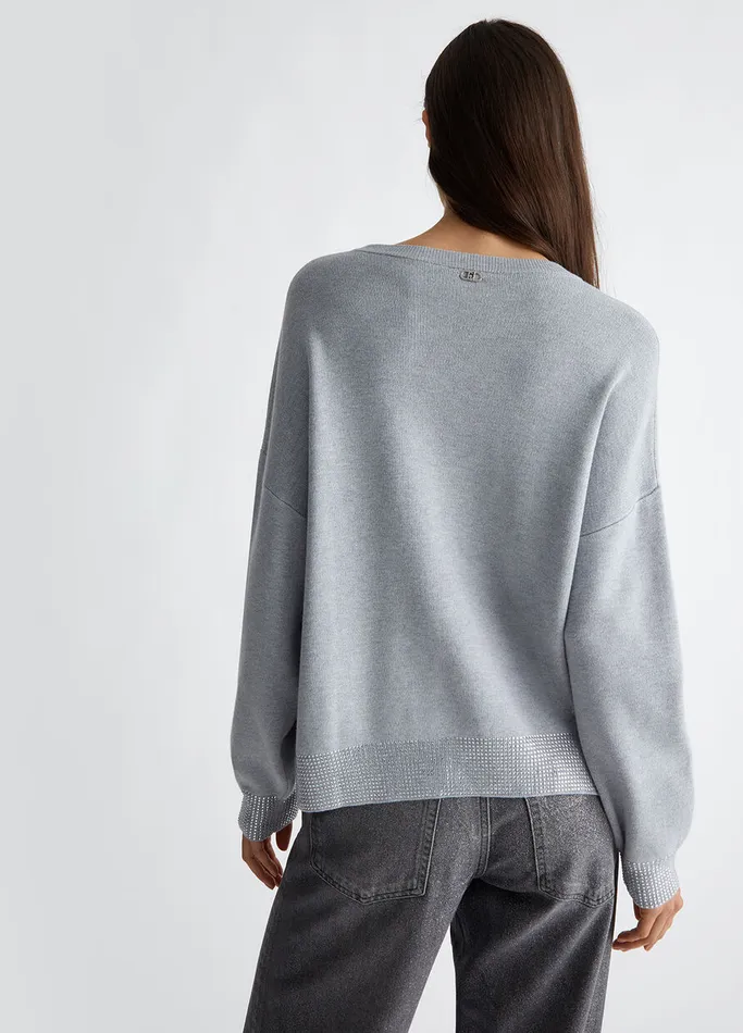 Women Liujo Jumpers and Cardigans CrewNeck Sweater With Rhinestones Grey