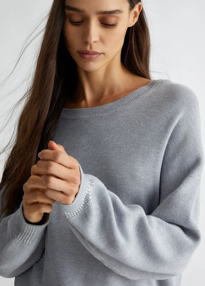 Women Liujo Jumpers and Cardigans CrewNeck Sweater With Rhinestones Grey