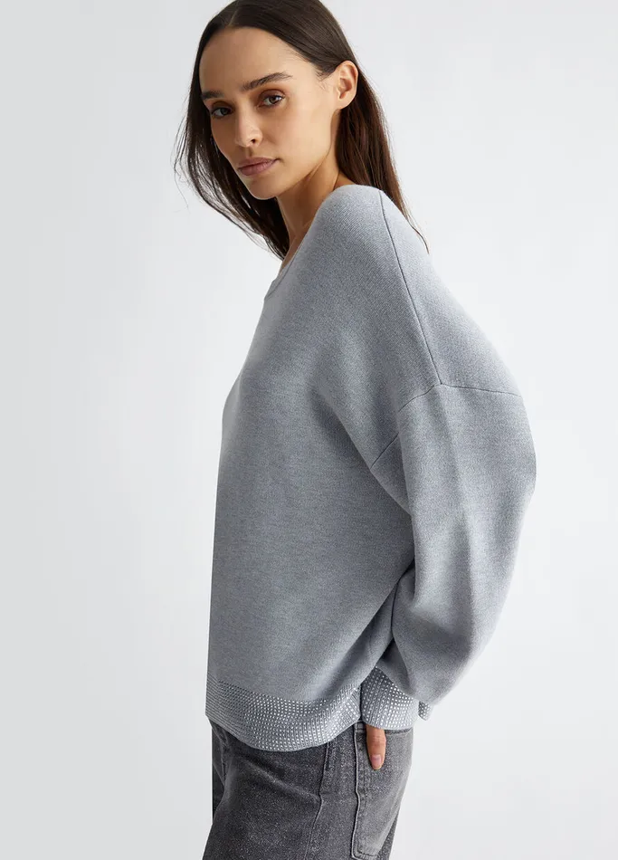 Women Liujo Jumpers and Cardigans CrewNeck Sweater With Rhinestones Grey