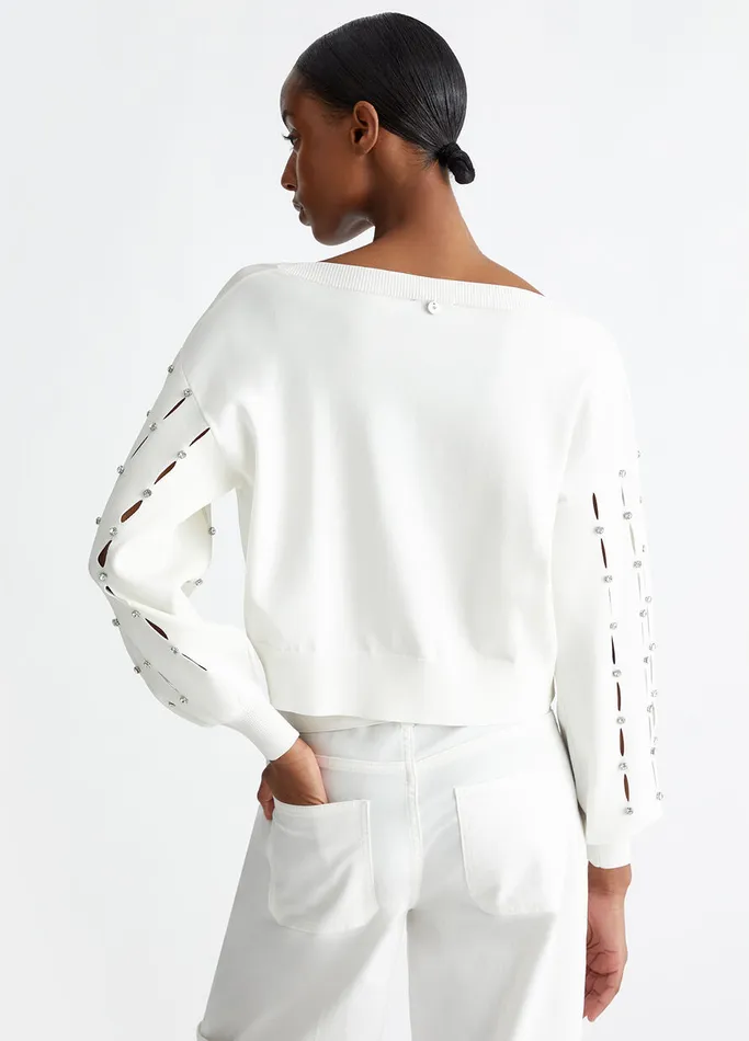 Women Liujo Jumpers and Cardigans CutOut Sweater With Rhinestones White