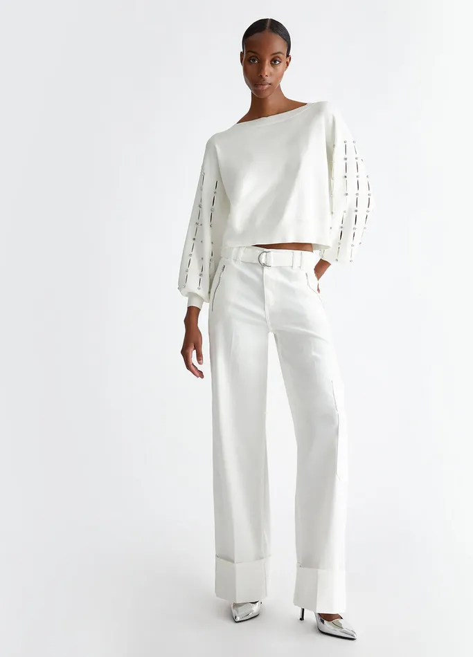 Women Liujo Jumpers and Cardigans CutOut Sweater With Rhinestones White