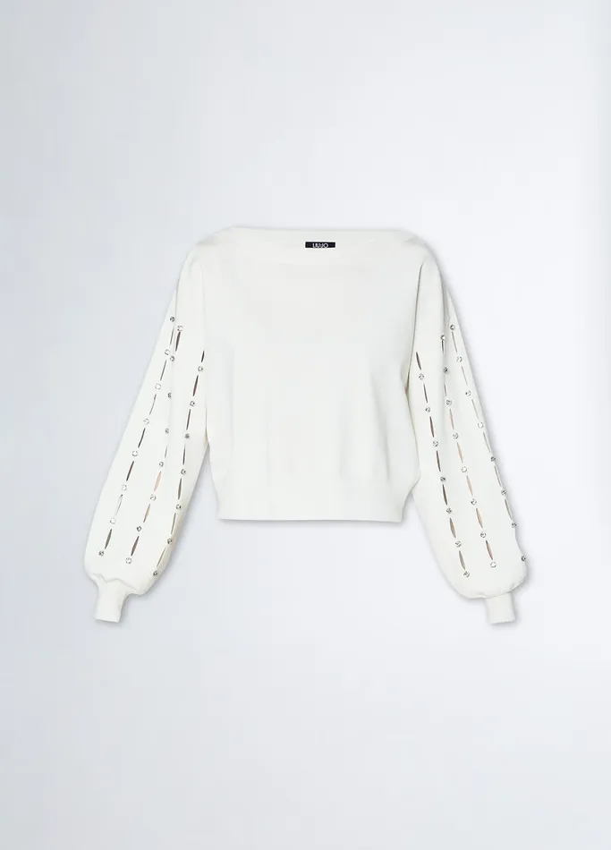 Women Liujo Jumpers and Cardigans CutOut Sweater With Rhinestones White
