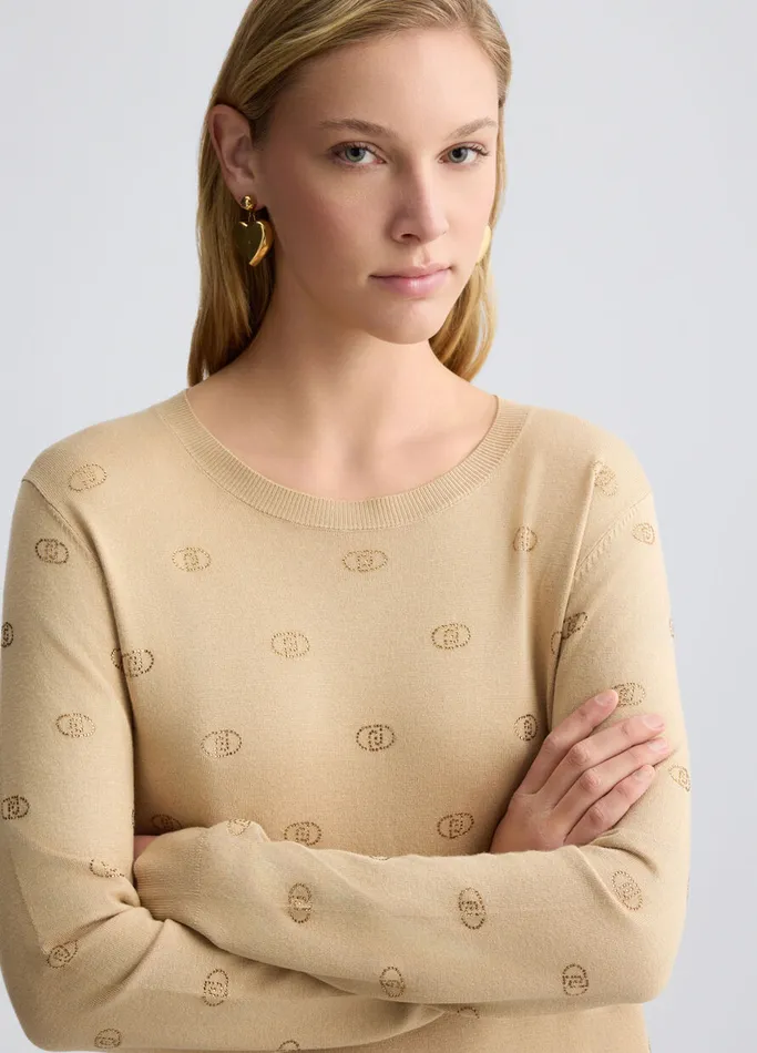 Women Liujo Jumpers and Cardigans Top With Logo And Gemstones Beige